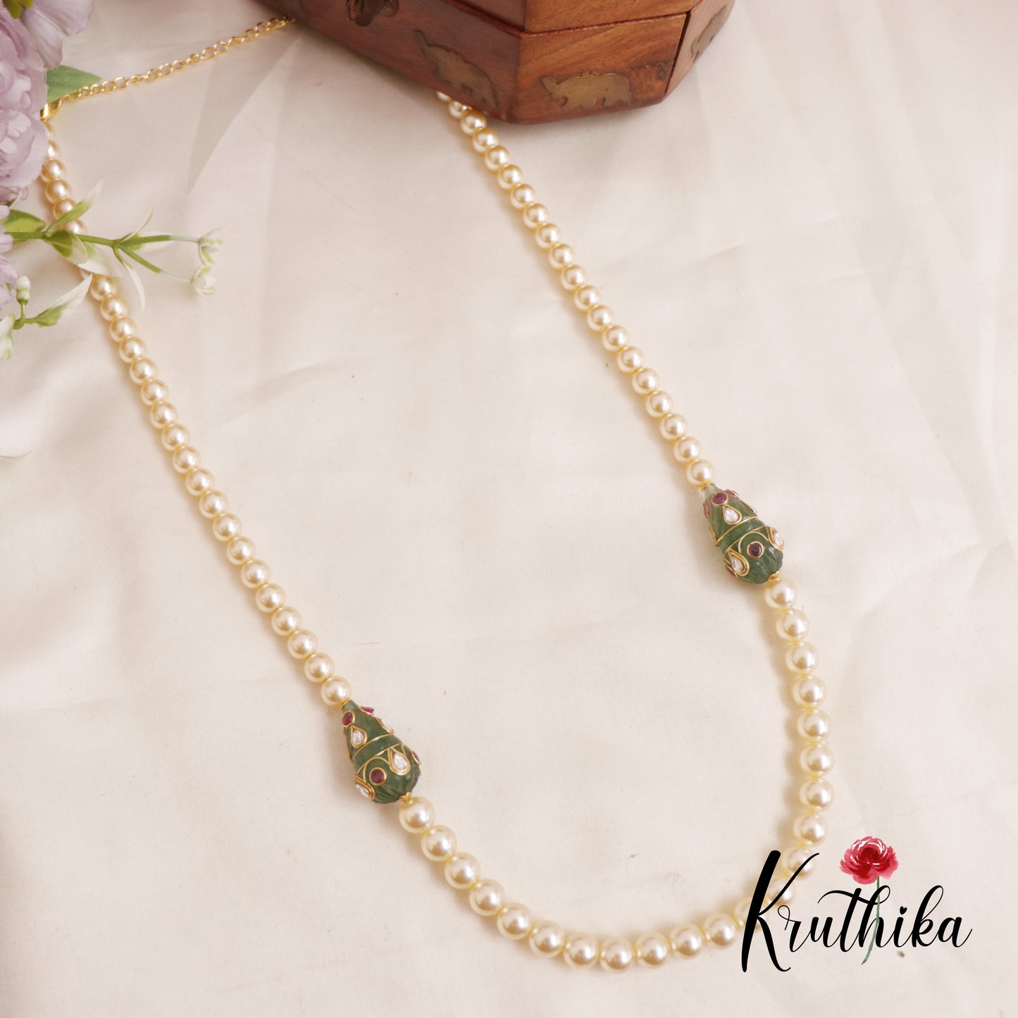 Royal Pearl Mala with Emerald Meenakari Beads