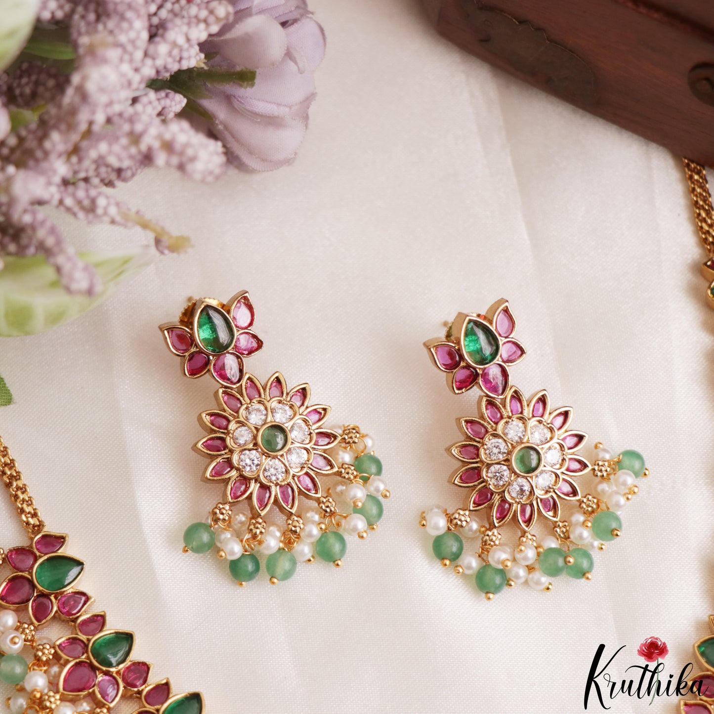 Gorgeous Floral Motifs Jadau Necklace With Green Bead Drops NC3218 (Available In 3 Colors)