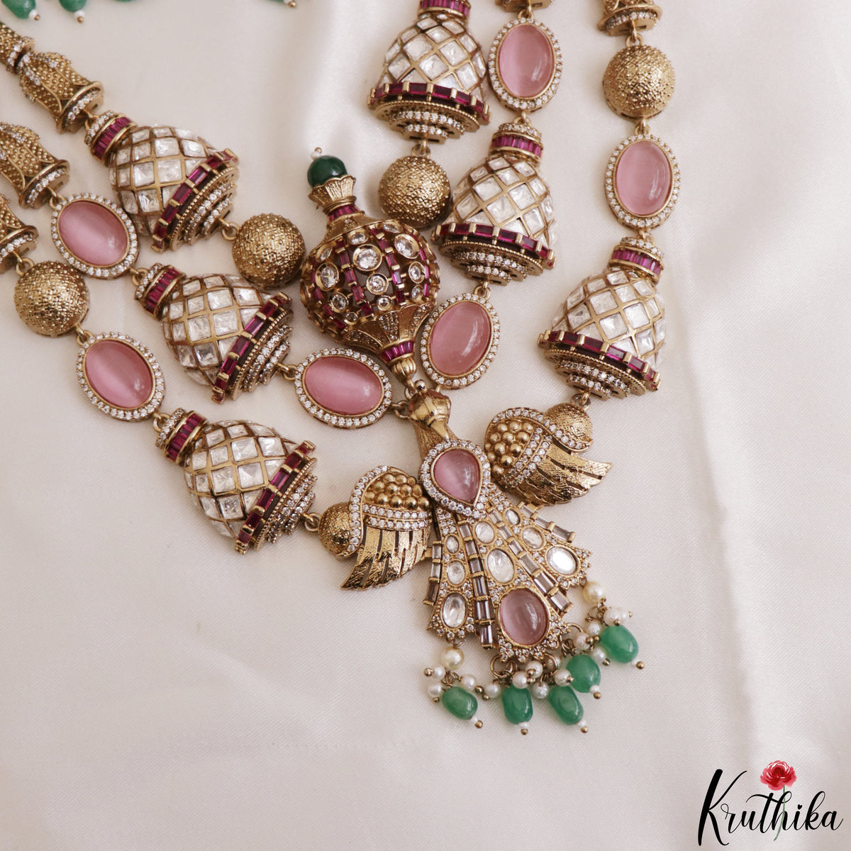 Stunning CZ Victorian Statement Haaram With Green Bead Drops LH2218 (Available In 3 Colors)
