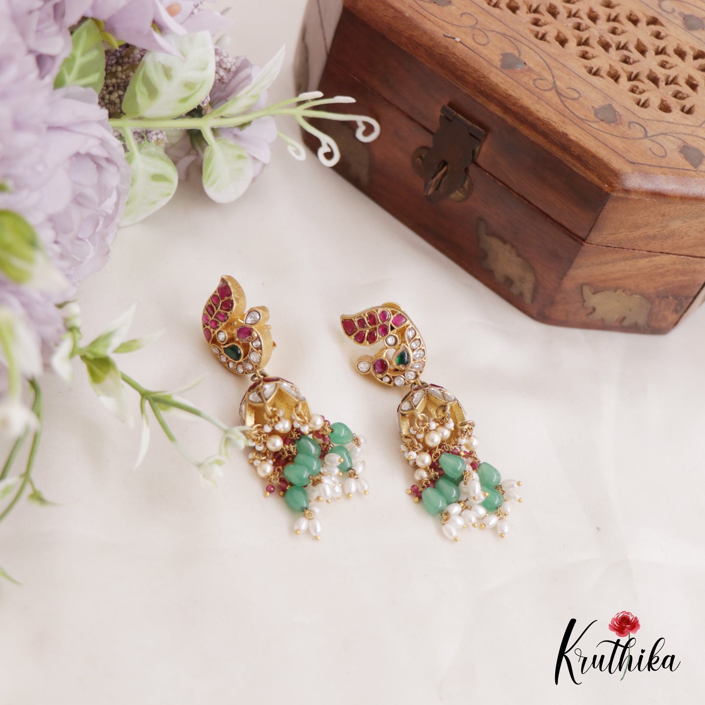 Gorgeous Peacock Jhumka Jadau Earrings With Bead And Pearl Drops E842