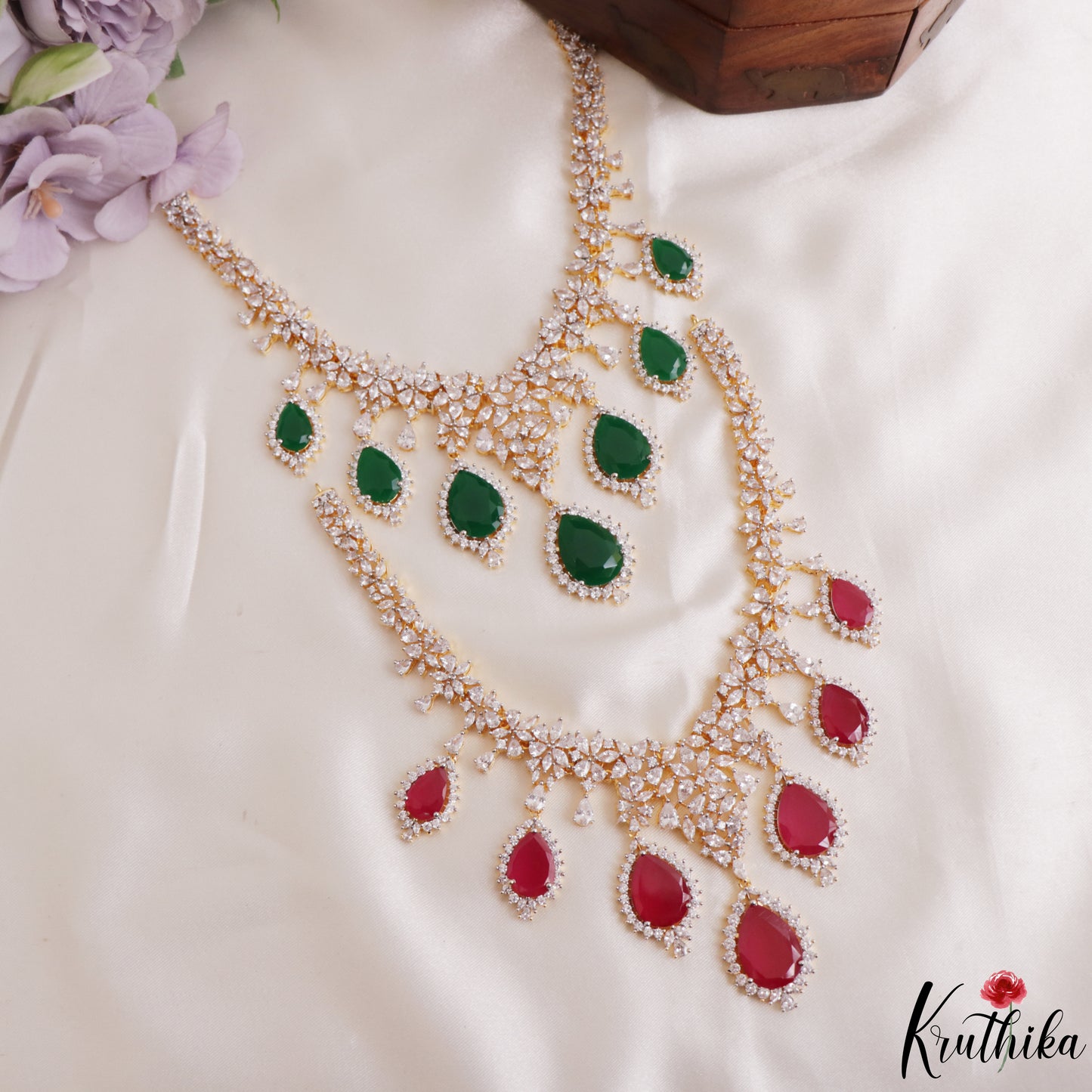 Sparkling Teardrop Motifs Diamond-Finish CZ Victorian Necklace NC3262 (Available In 2 Colors)