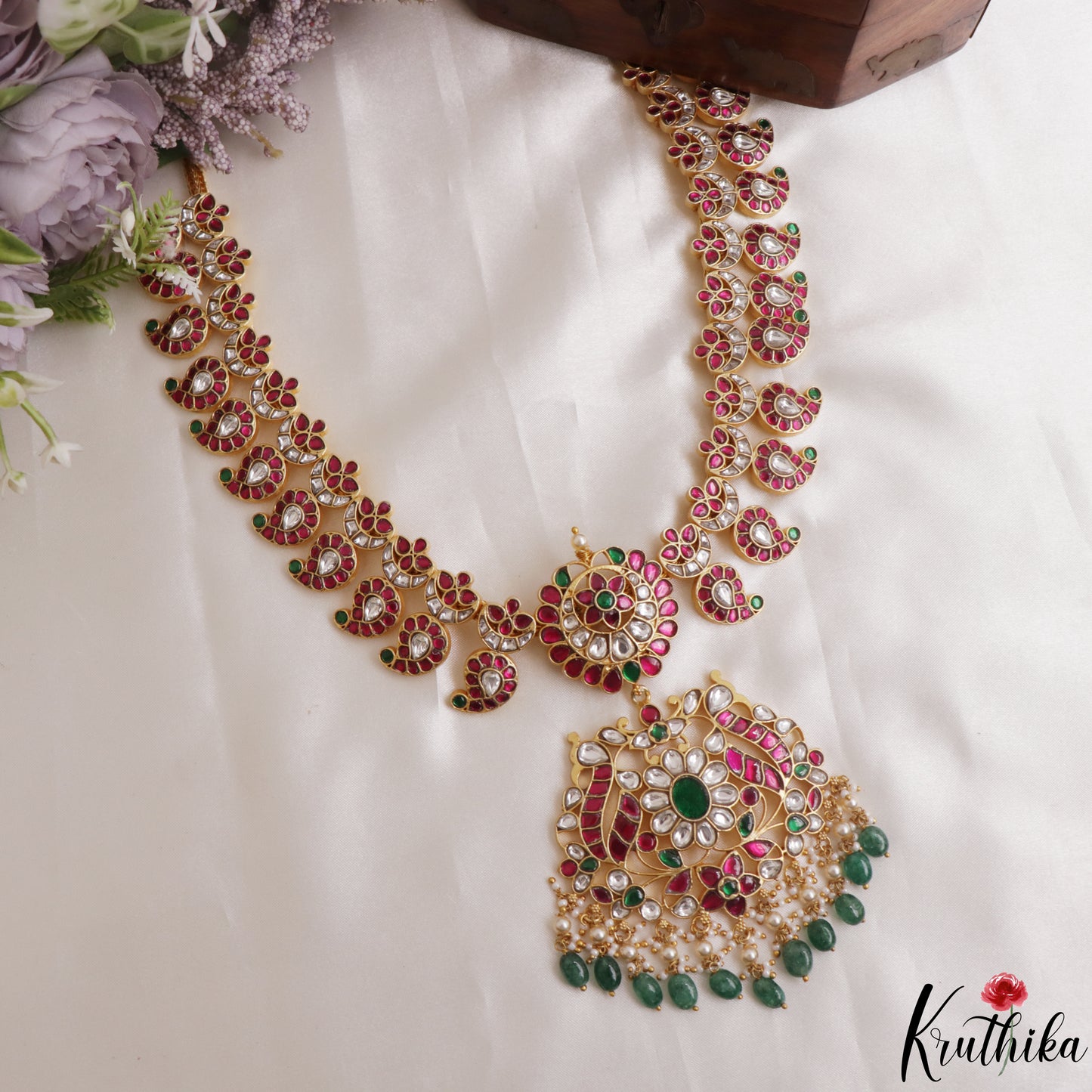 Stunning Mango Floral Motifs Jadau Haaram With Green Bead Drops LH2148