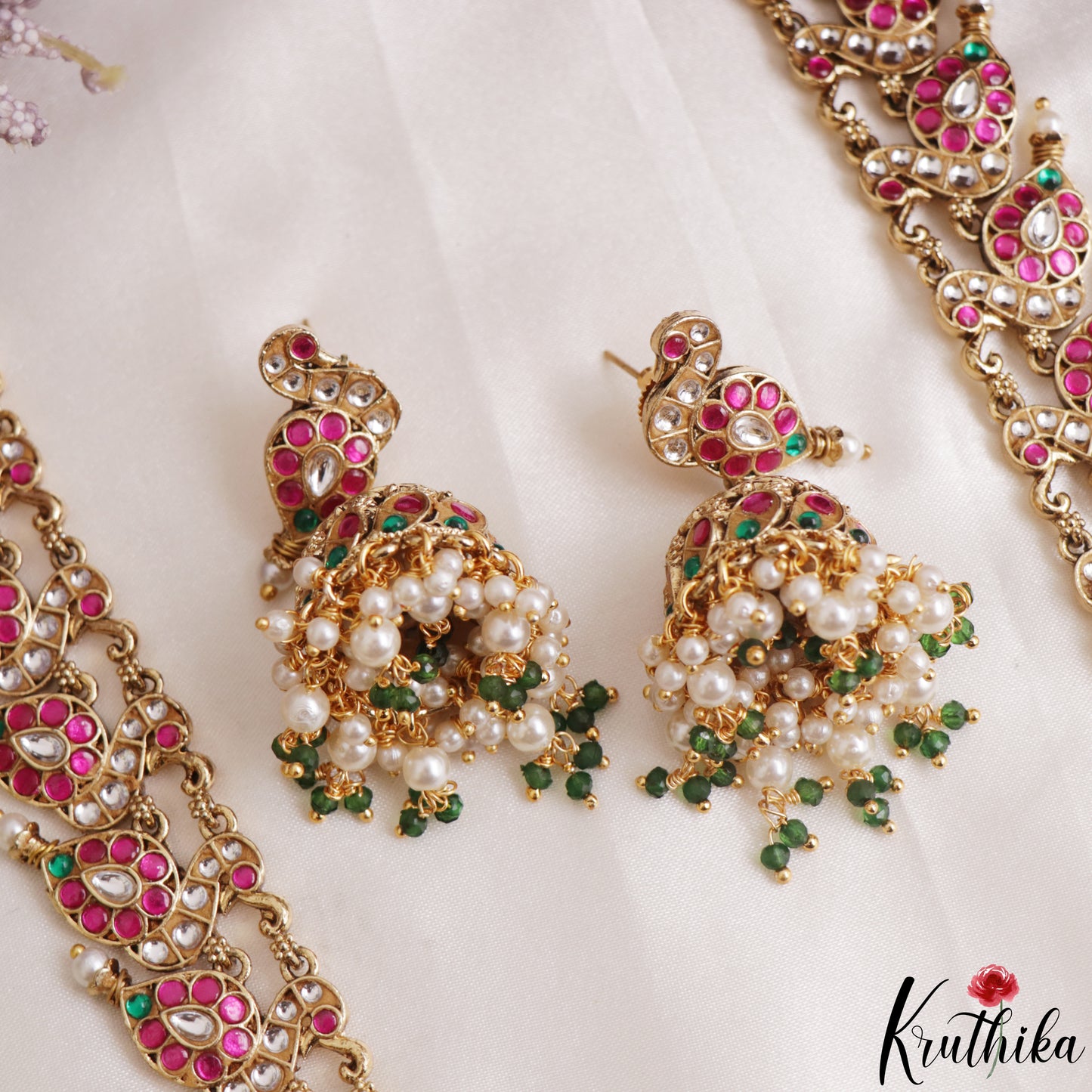 Gorgeous Floral Pecock Motifs Jadau Haaram With Pearl Bead Drops LH2168