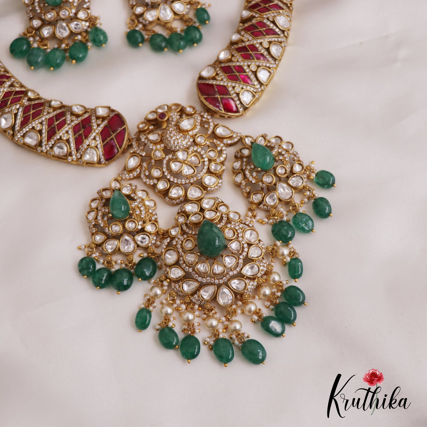 Premium Teardrop Motifs Moissanite Jadau Necklace With Green Bead Drops NC2729