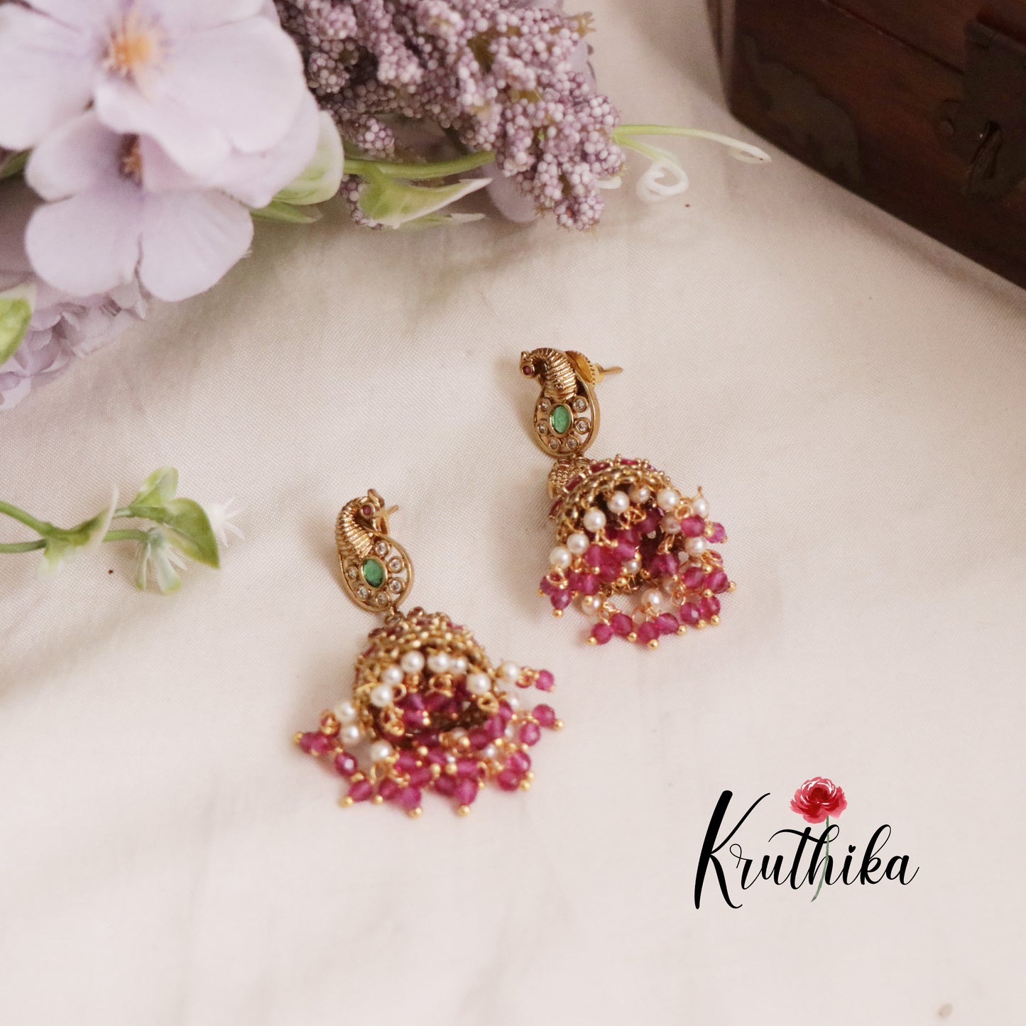 Simple Kemp Peacock Jhumka with Beads Drops E633  (Available in 3 Colors)
