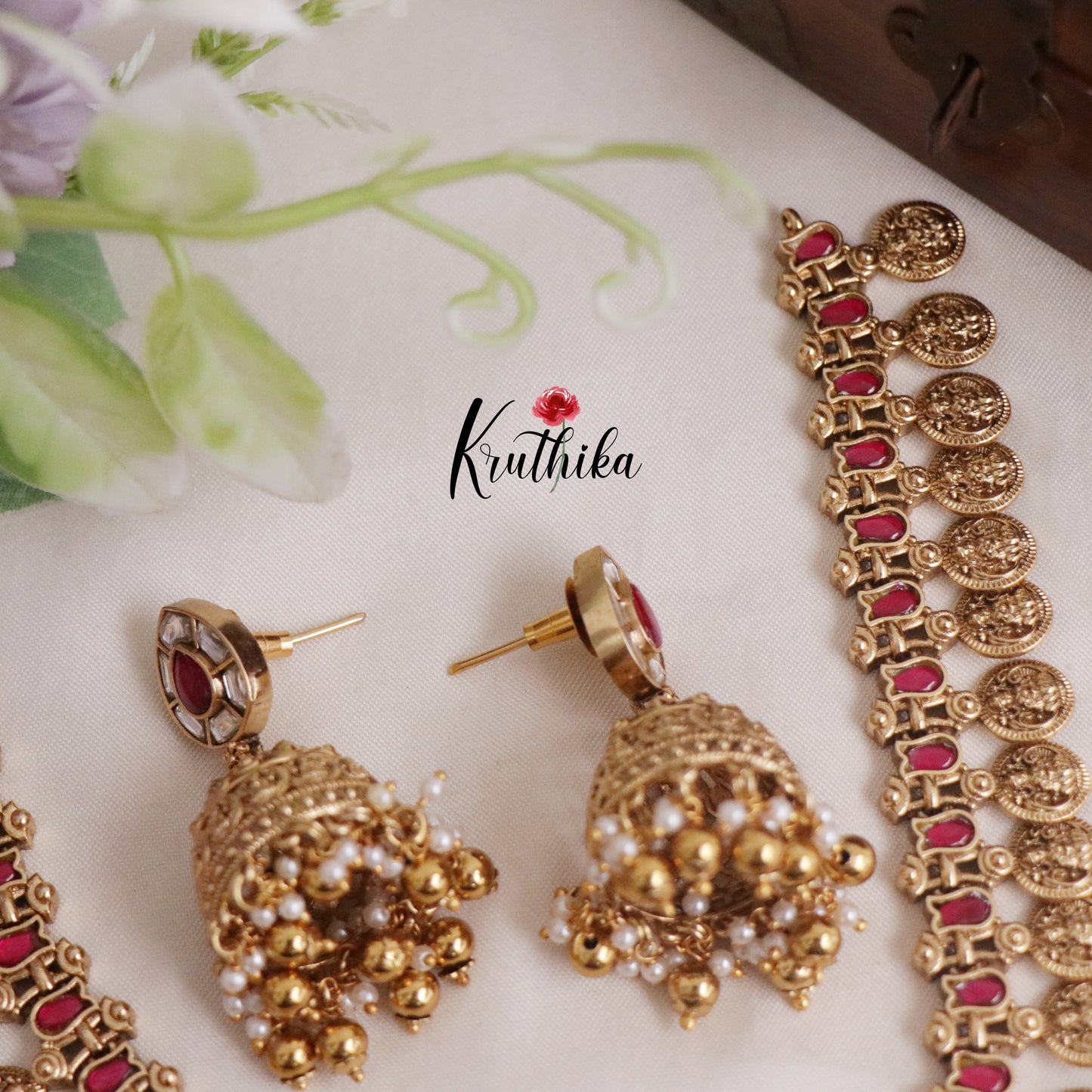 Premium Antique Lotus Jadau Pendant Kasu Necklace with Golden Beads NC2203 (Available in 2 Colours)