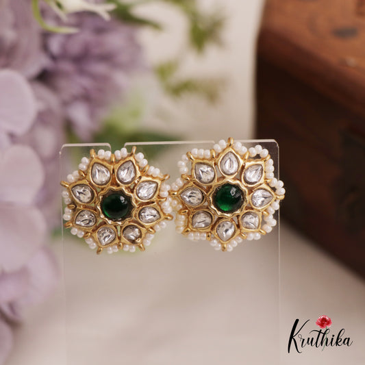Trendy Pearl Border Floral Motifs AD Stud Earrings E1001