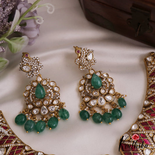 Premium Teardrop Motifs Moissanite Jadau Necklace With Green Bead Drops NC2729