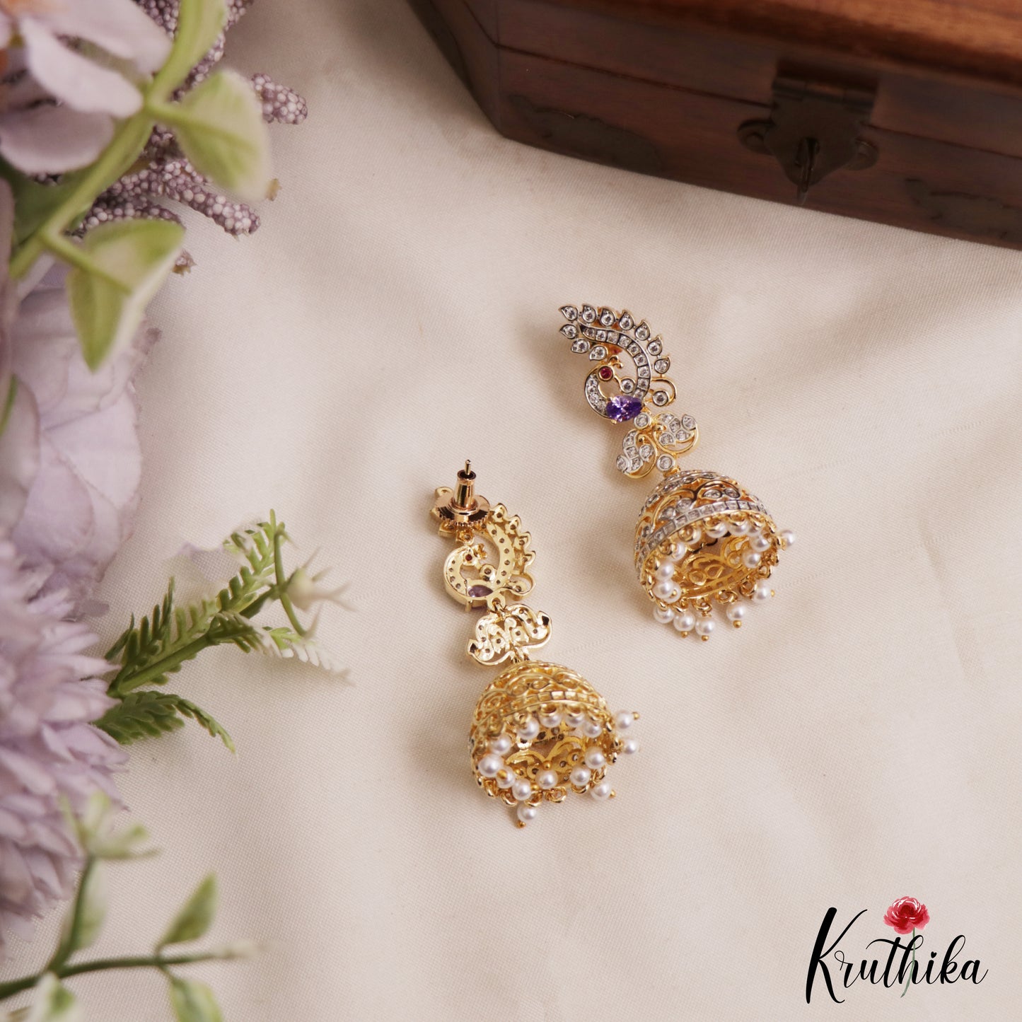 Sparkling Peacock Motifs AD Jhumkas With Pearl Drops E1095 (Available In 3 Colors)