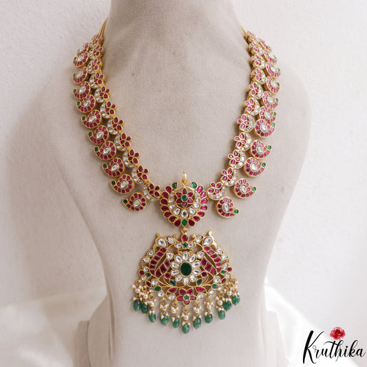 Stunning Mango Floral Motifs Jadau Haaram With Green Bead Drops LH2148