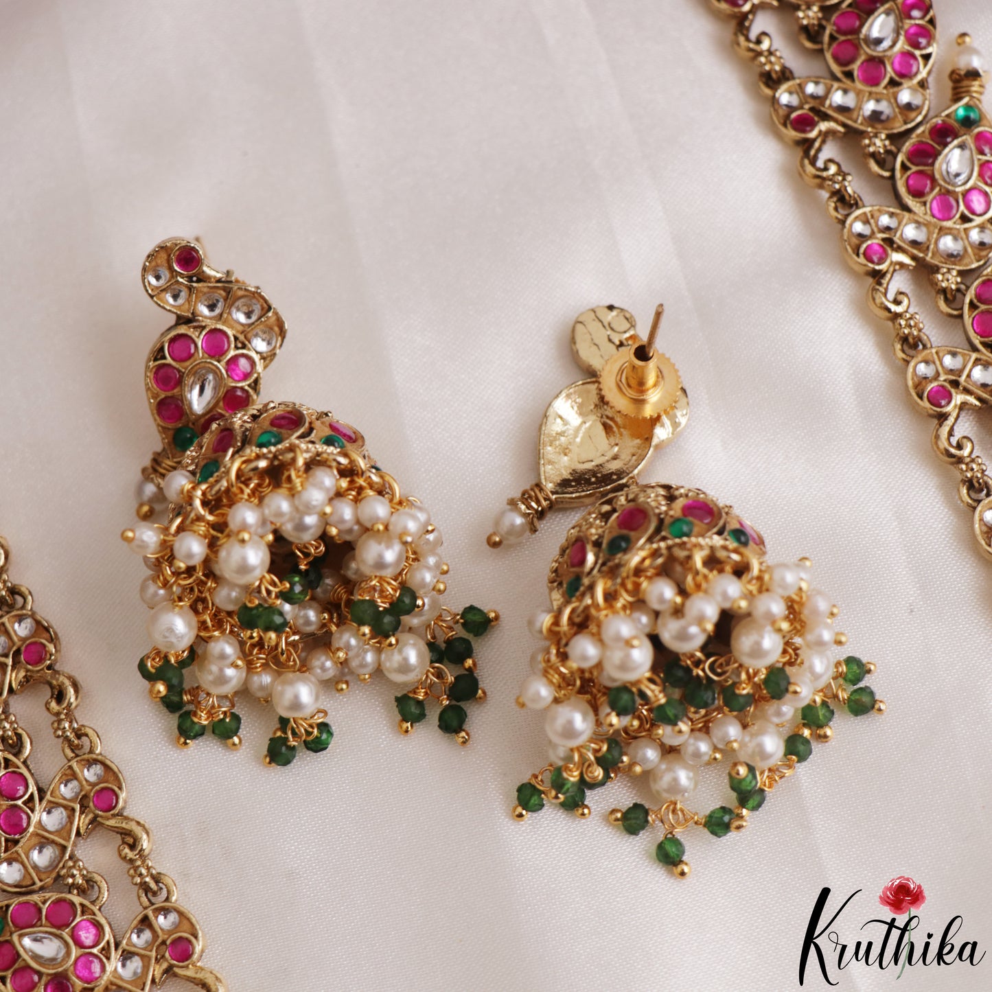 Gorgeous Floral Pecock Motifs Jadau Haaram With Pearl Bead Drops LH2168