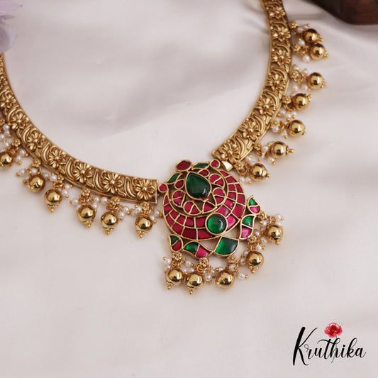 Elegant Antique Floral Motifs Jadau Necklace With Bead Drops NC2695 (Available In 2 Colors)