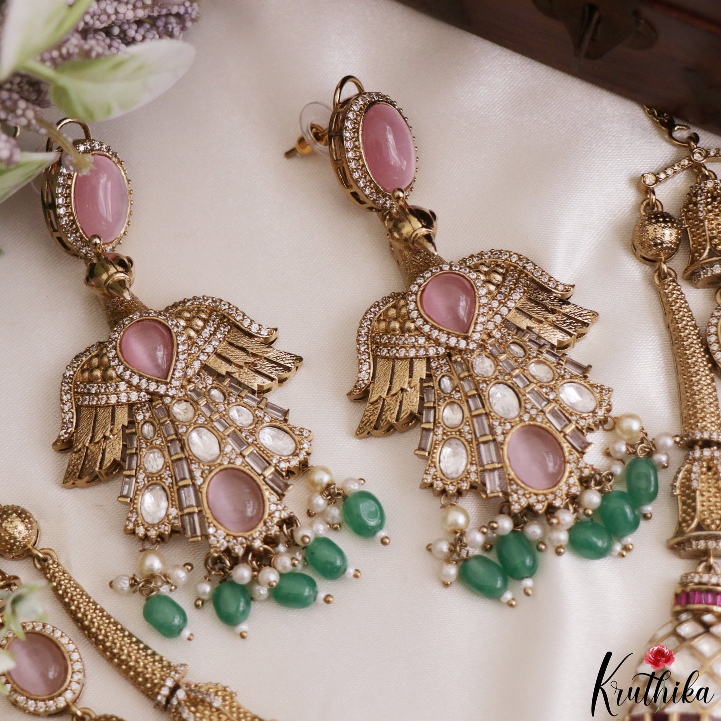 Stunning CZ Victorian Statement Haaram With Green Bead Drops LH2218 (Available In 3 Colors)