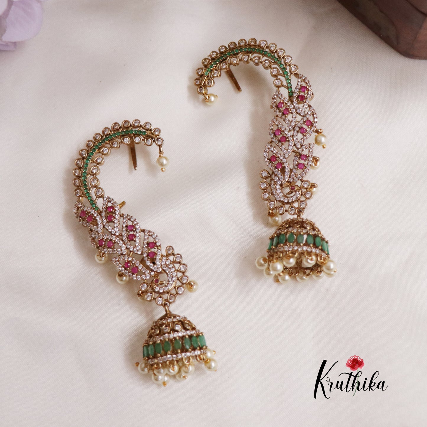 Beautiful AD Peacock Ear Cuff with Jhumka E673 (Available in 2 Colors)