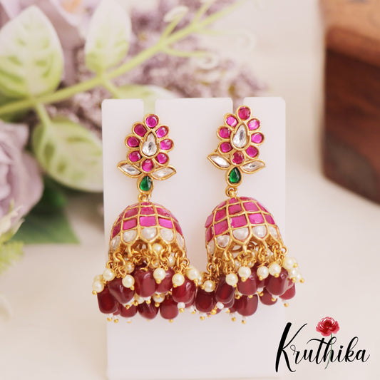 Stunning Floral Motifs Jadau Jhumka With Bead Drops E1048 (Available in 2 Colors)