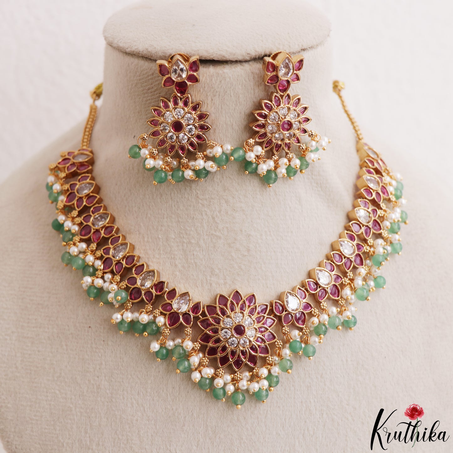 Gorgeous Floral Motifs Jadau Necklace With Green Bead Drops NC3218 (Available In 3 Colors)