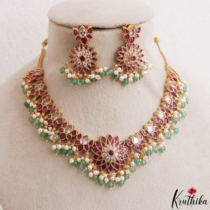 Gorgeous Floral Motifs Jadau Necklace With Green Bead Drops NC3218 (Available In 3 Colors)