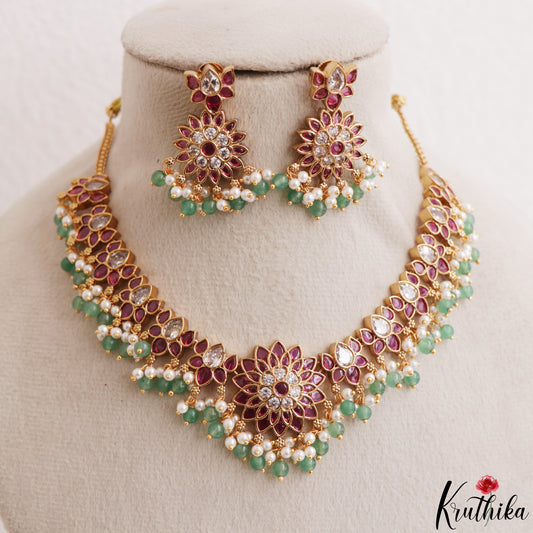 Gorgeous Floral Motifs Jadau Necklace With Green Bead Drops NC3218 (Available In 3 Colors)
