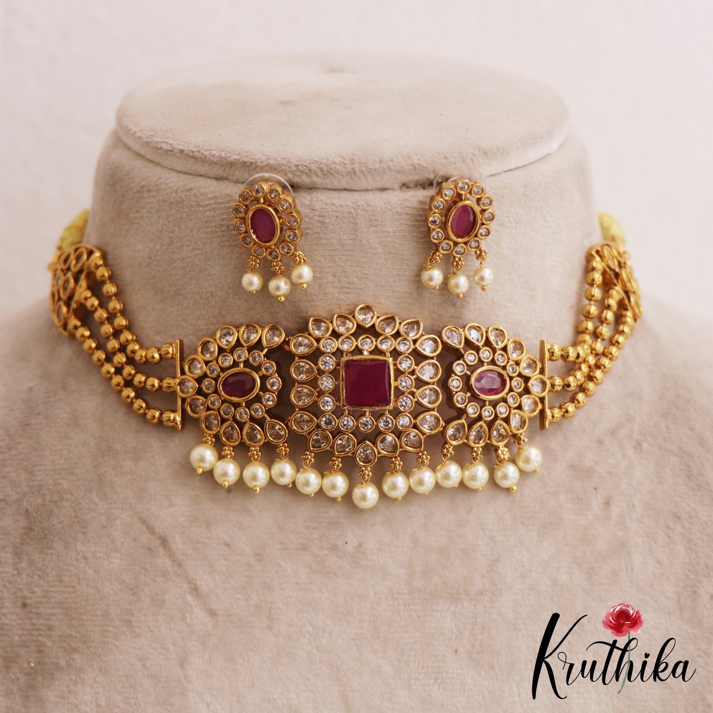 Elegant Floral Motifs AD Chocker With Triple Strand Bead Chains NC2809 (Available In 2 Colors)