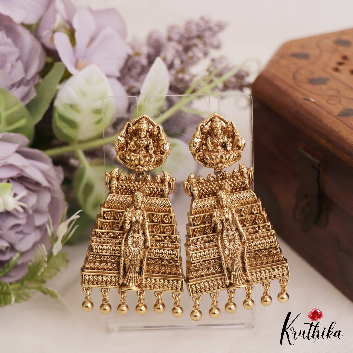 Gorgeous Goddess Meenakshi Gopuram Jhumkas With Bead Drops E1057 (Available in 2 Colors)