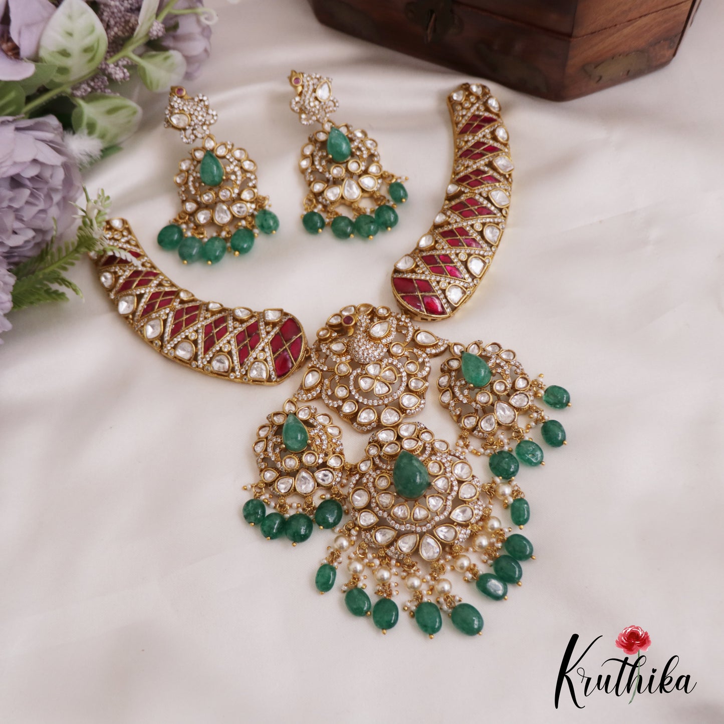 Premium Teardrop Motifs Moissanite Jadau Necklace With Green Bead Drops NC2729