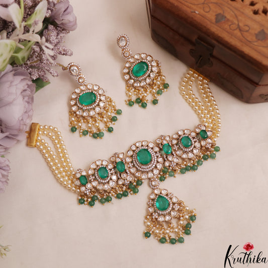 Stunning Polki Victorian Choker With Multi Pearl Strand Chain NC3002 (Available IN 2 Colors)