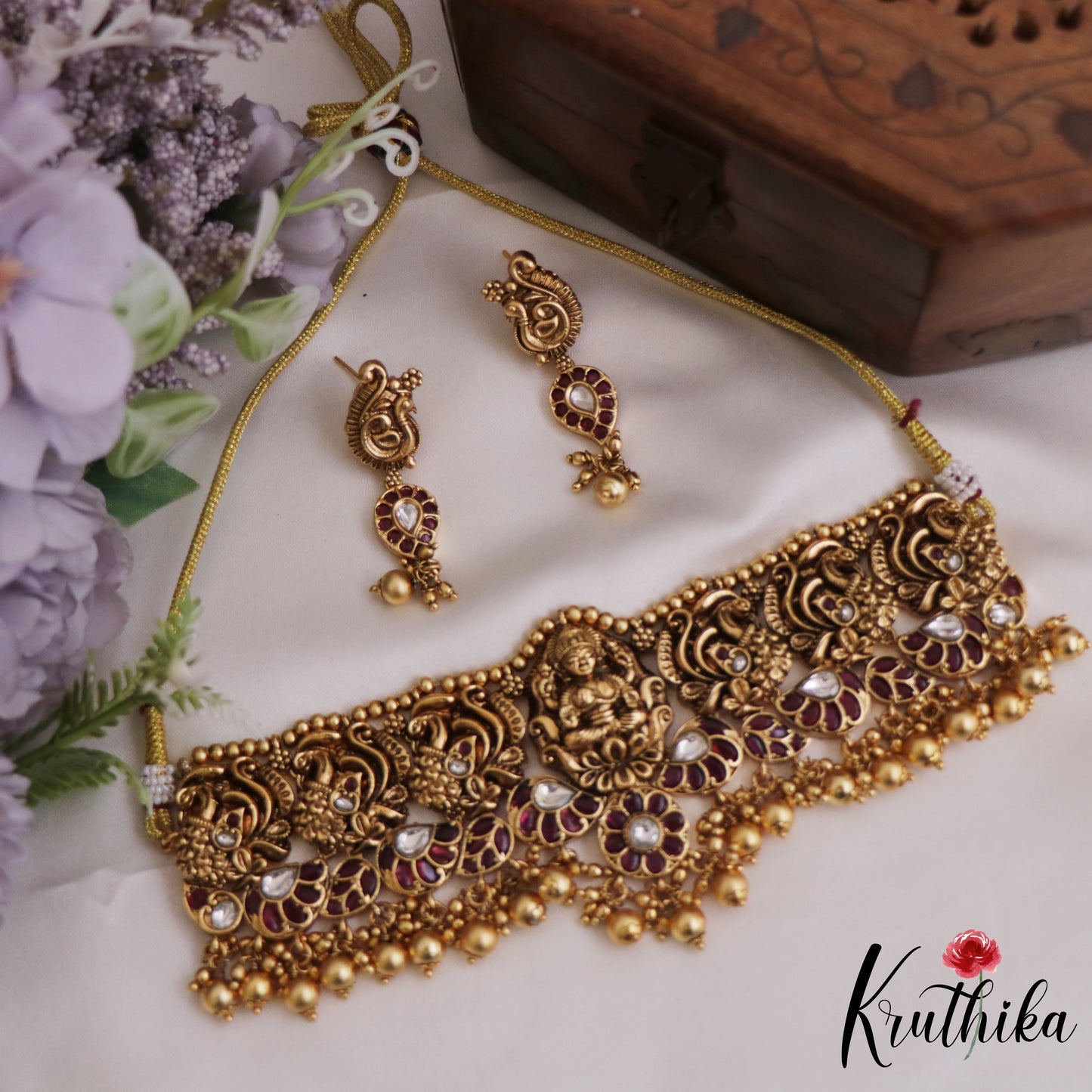 Gorgeous Antique Nagas Lakshmi Peacock Motifs Kemp Choker With Bead Drops NC2709 (Available In 2 Colors)