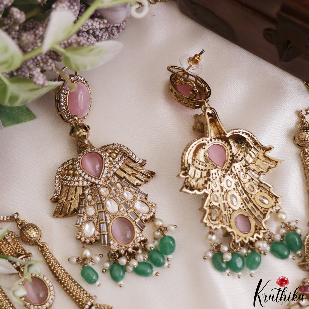 Stunning CZ Victorian Statement Haaram With Green Bead Drops LH2218 (Available In 3 Colors)
