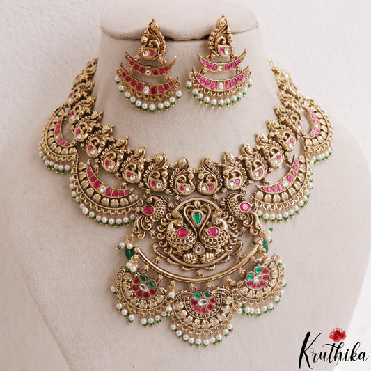 Stunning Antique Nagas Peacock Motifs Jadau Necklace With Pearl Drops NC3141