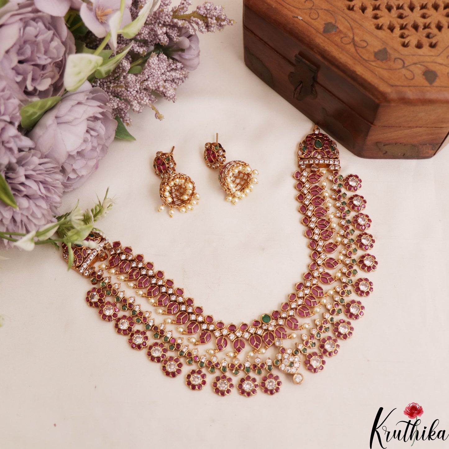 Premium Floral Peacock Motifs Jadau Necklace With Green Bead Drops NC2943 (Detachable Pendants)