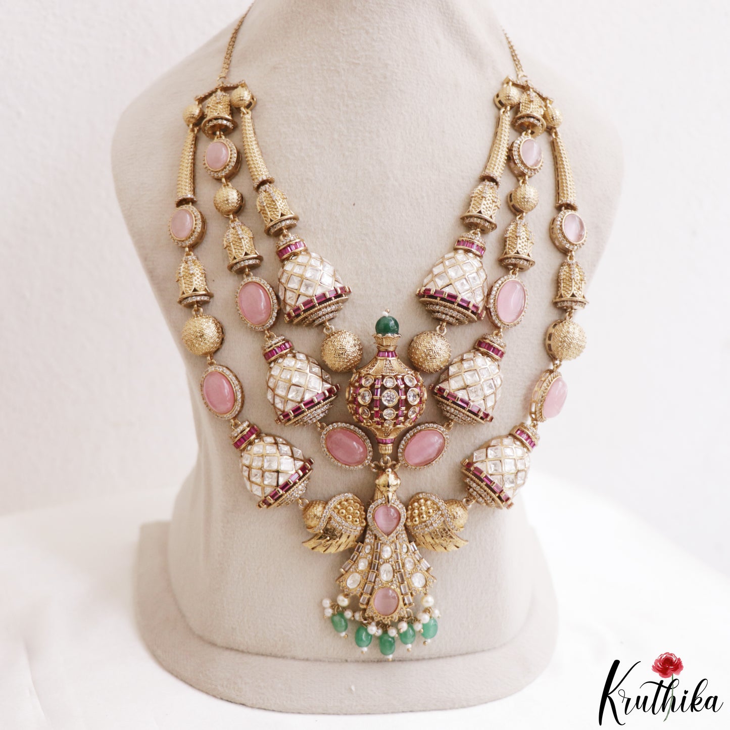 Stunning CZ Victorian Statement Haaram With Green Bead Drops LH2218 (Available In 3 Colors)