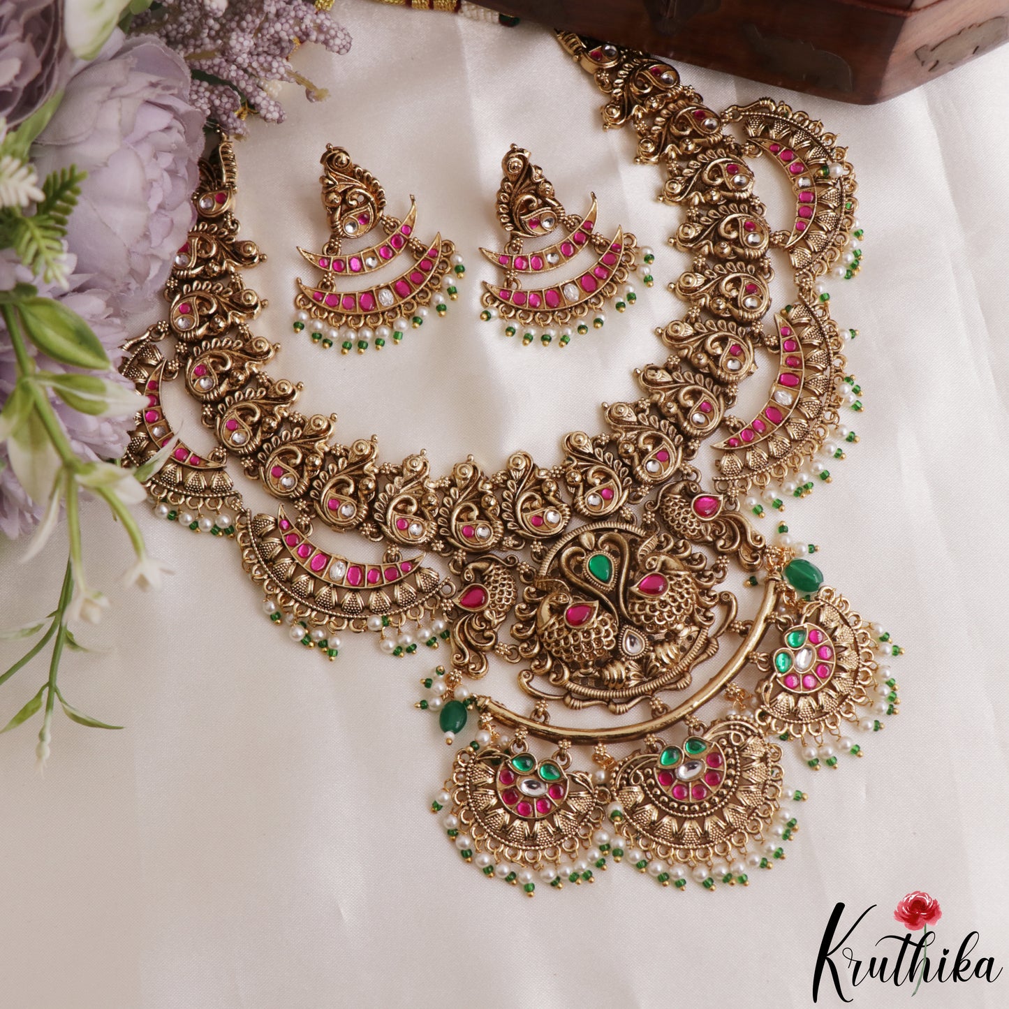 Stunning Antique Nagas Peacock Motifs Jadau Necklace With Pearl Drops NC3141