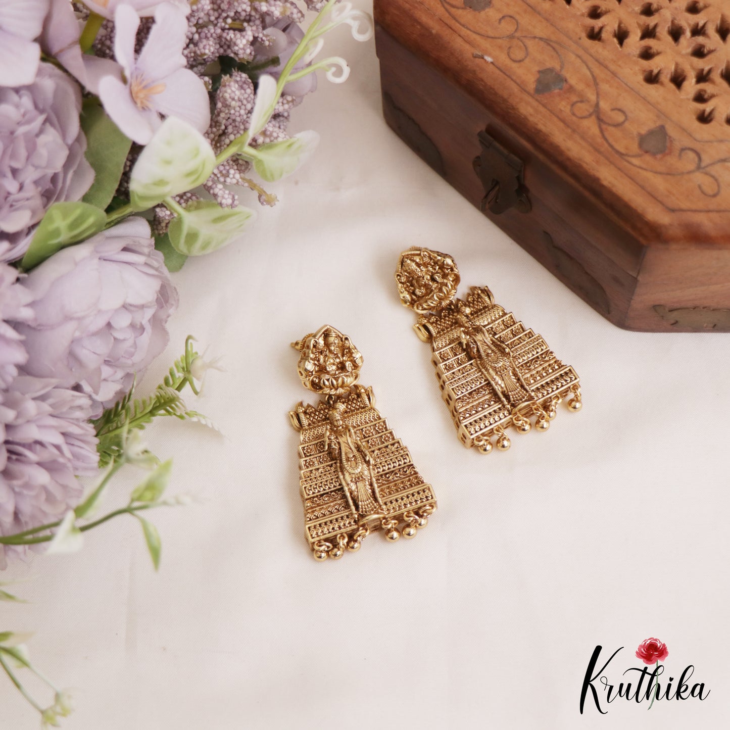 Gorgeous Goddess Meenakshi Gopuram Jhumkas With Bead Drops E1057 (Available in 2 Colors)