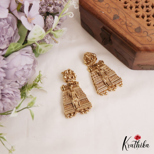 Gorgeous Goddess Meenakshi Gopuram Jhumkas With Bead Drops E1057 (Available in 2 Colors)