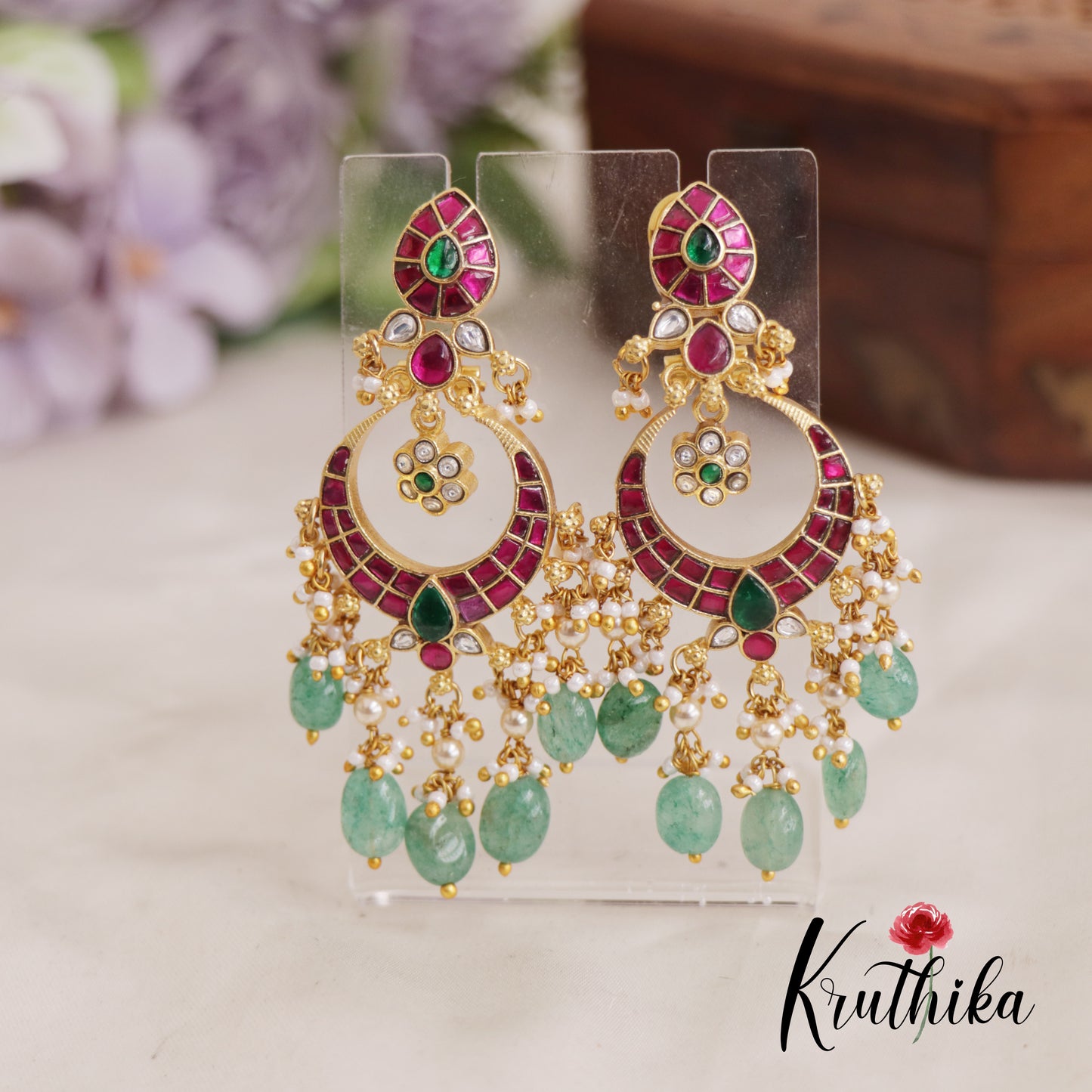 Gorgeous Floral Chandbali Jadau Earrings With Pearl And Bead Drops E856