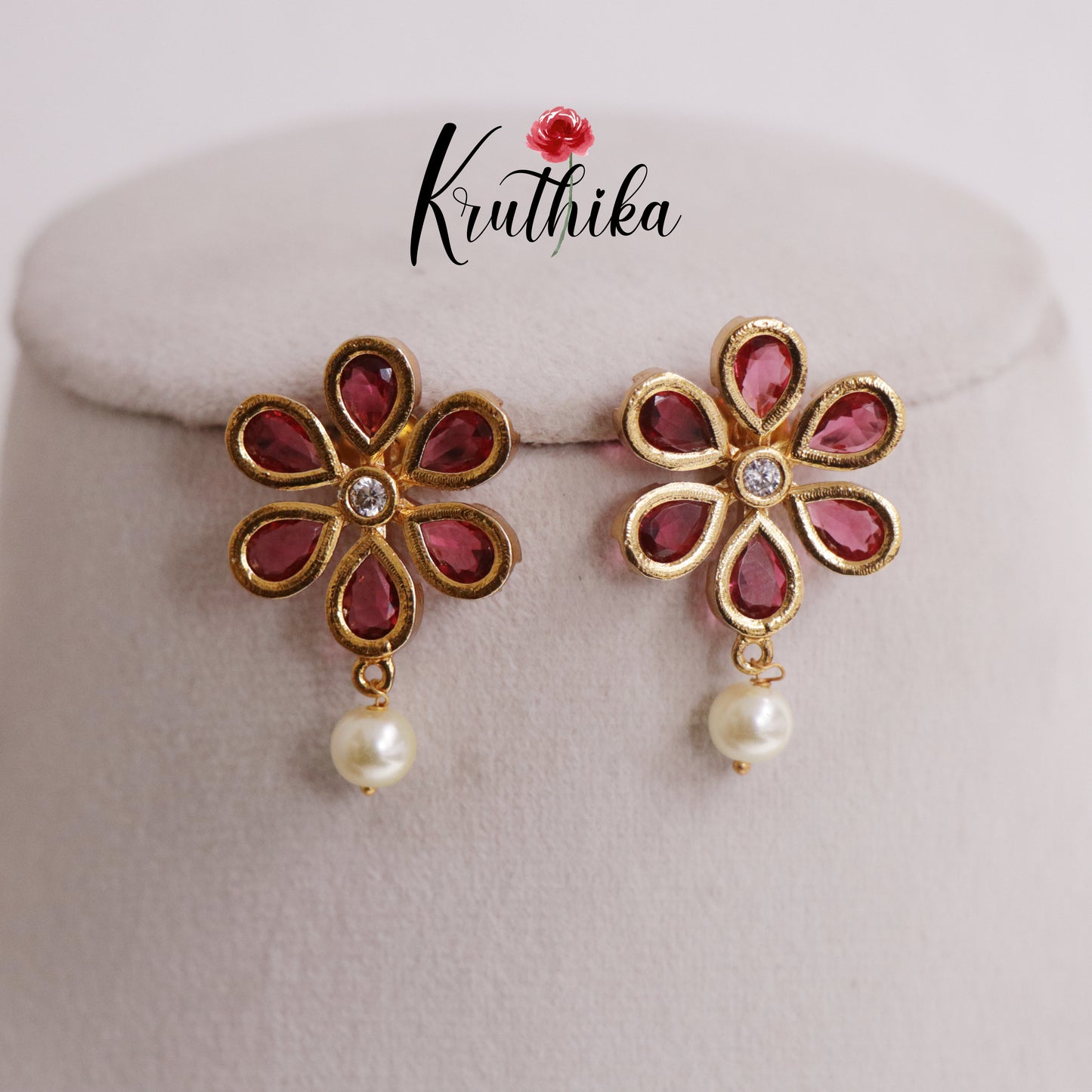Beautiful Floral Ear Studs Pearl Drop E705 (Available in 5 Colours)