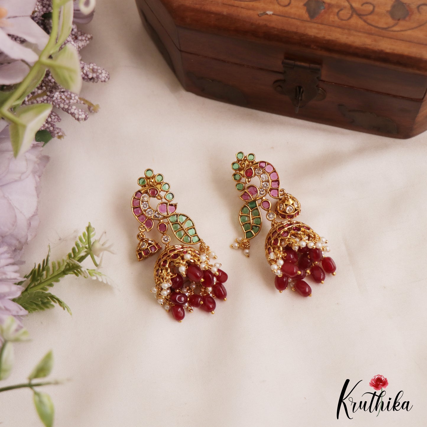 Beautiful Peacock Motifs Kemp Jhumkas With Pearl and Bead Drops E1090 (Available In 2 Colors)