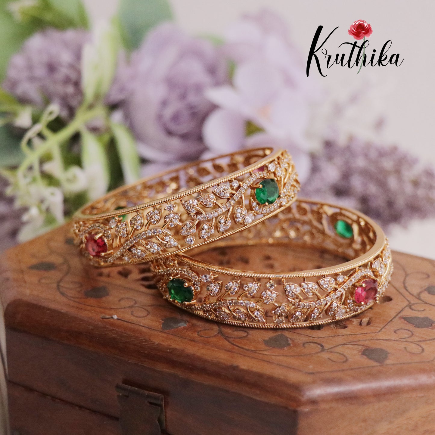 Beautiful CZ Sparkling Leaf Design Bangles B243 (Set of 2 Bangles)
