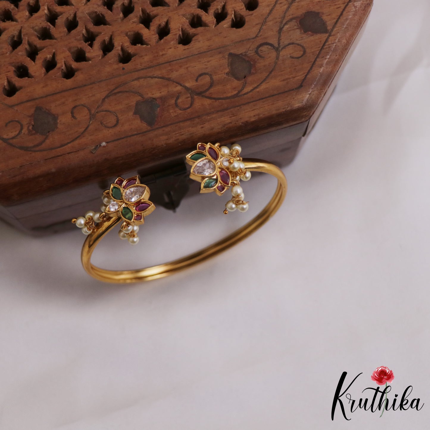 Beautiful Lotus Pearl Drops Openable Kada B300 (Available In 3 Colors)