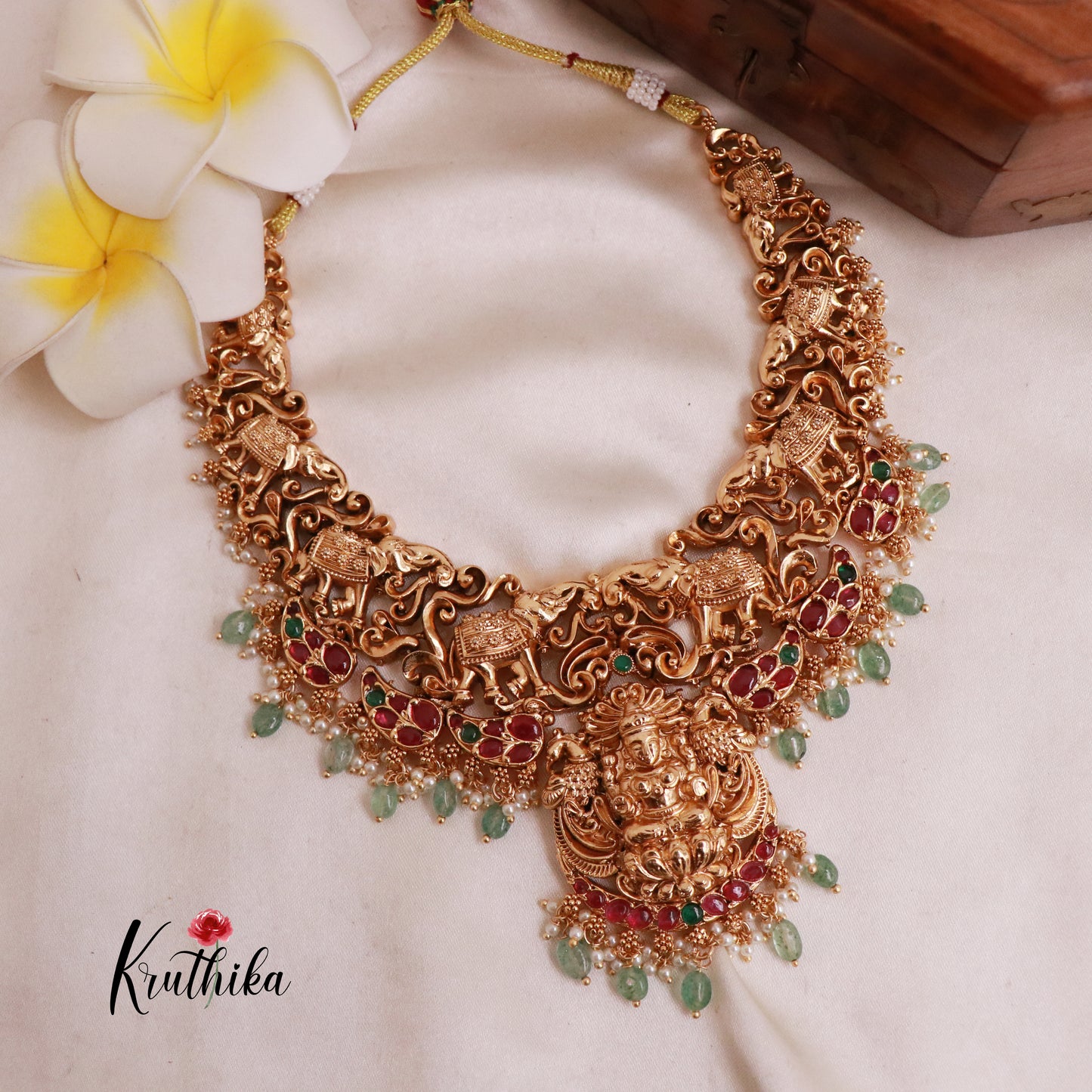 Elegant Temple Necklace with Kempu Stones -Pastel Green Beads NC1882