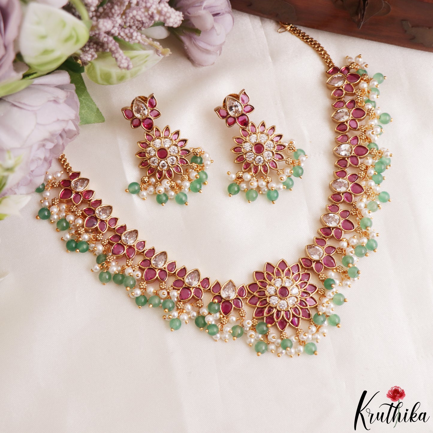 Gorgeous Floral Motifs Jadau Necklace With Green Bead Drops NC3218 (Available In 3 Colors)
