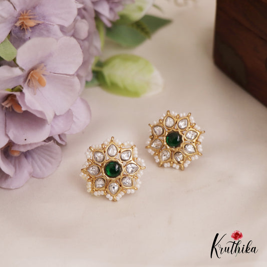 Trendy Pearl Border Floral Motifs AD Stud Earrings E1001