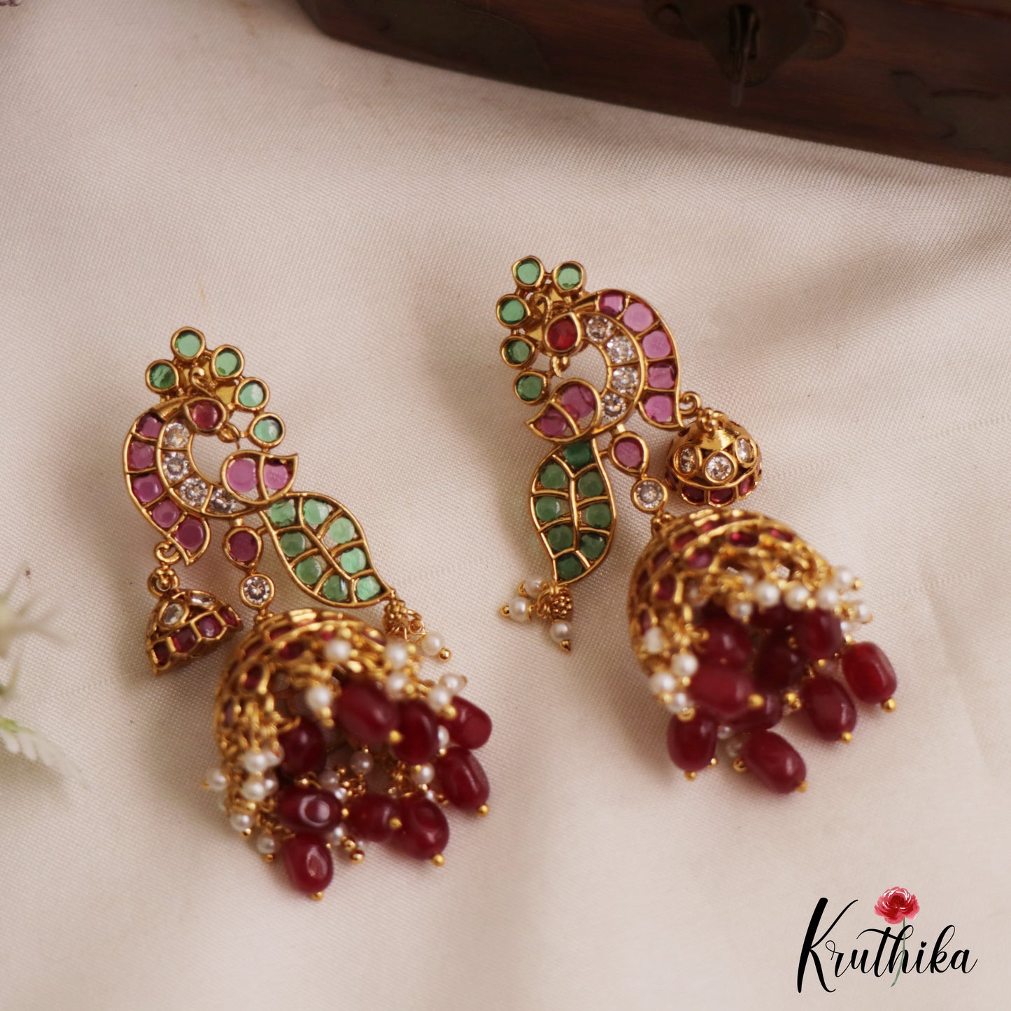 Beautiful Peacock Motifs Kemp Jhumkas With Pearl and Bead Drops E1090 (Available In 2 Colors)