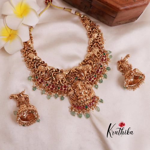 Elegant Temple Necklace with Kempu Stones -Pastel Green Beads NC1882