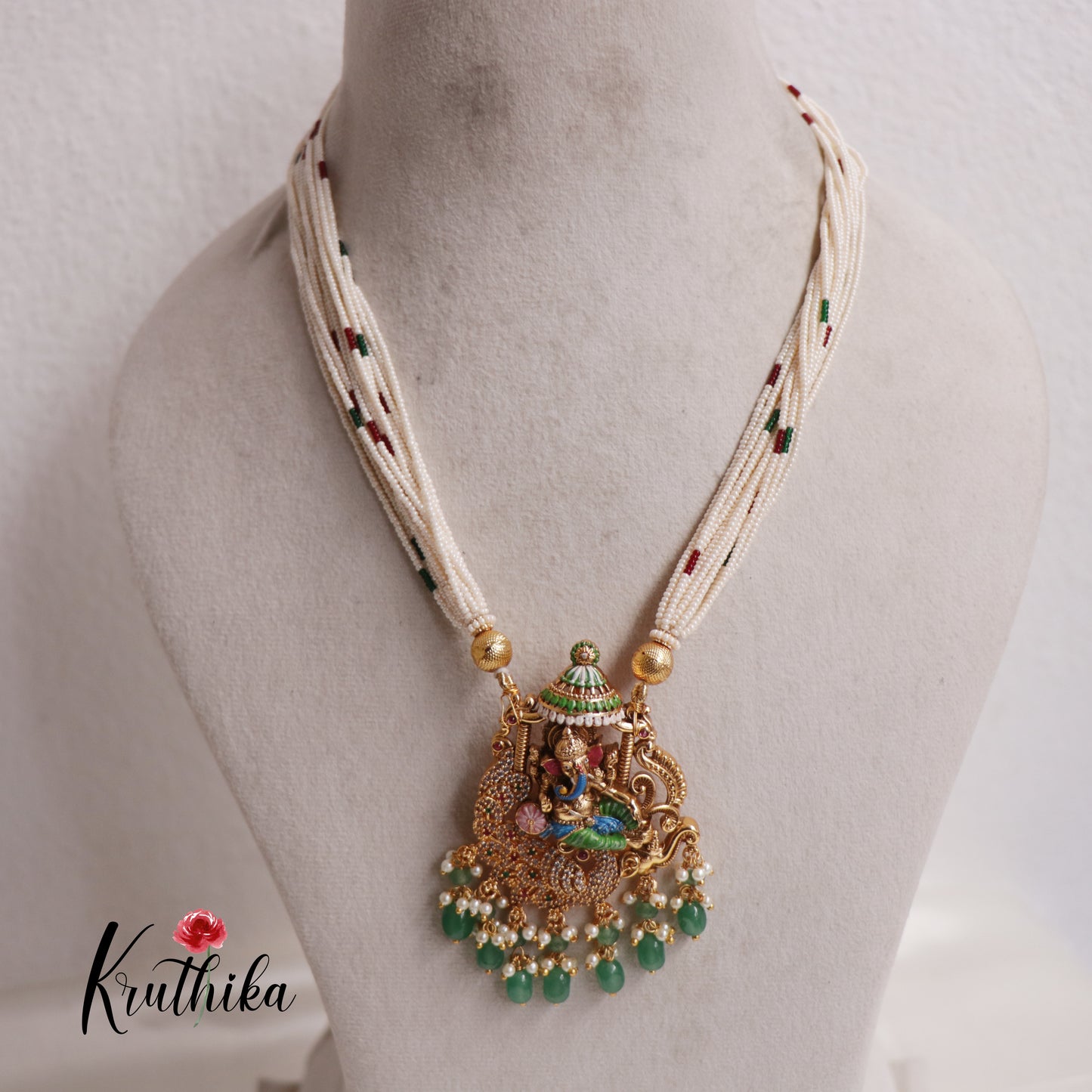 Traditional Multi Layered Perals Haaram With Beautiful Enamel Ganesha Pedant LH2006 (Available In 2 Colours)
