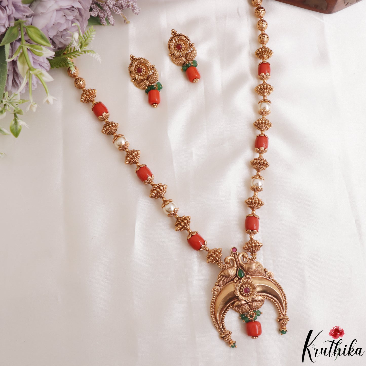 Classic Antique Peacock Motifs Coral Pearl Mala NC3121
