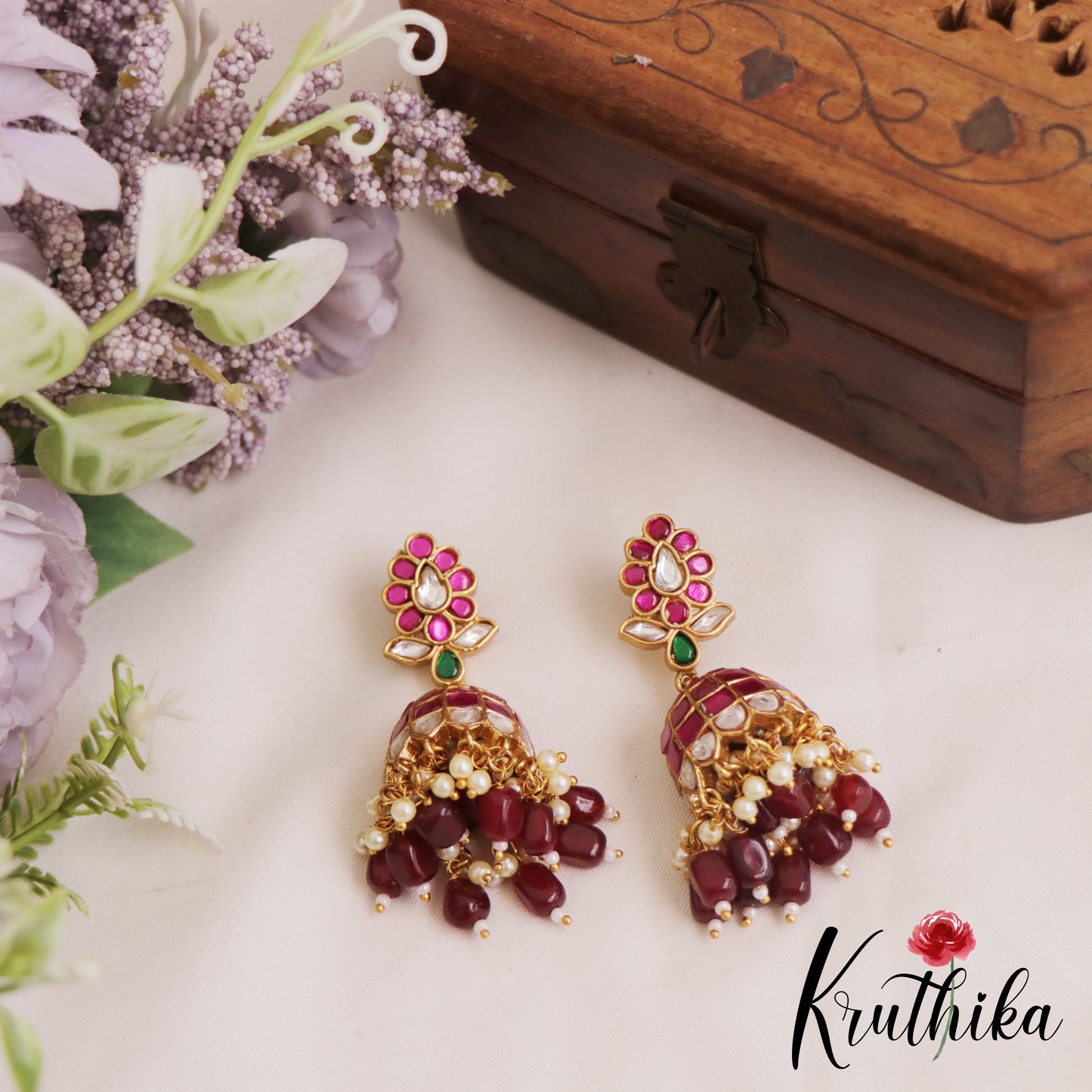 Stunning Floral Motifs Jadau Jhumka With Bead Drops E1048 (Available in 2 Colors)