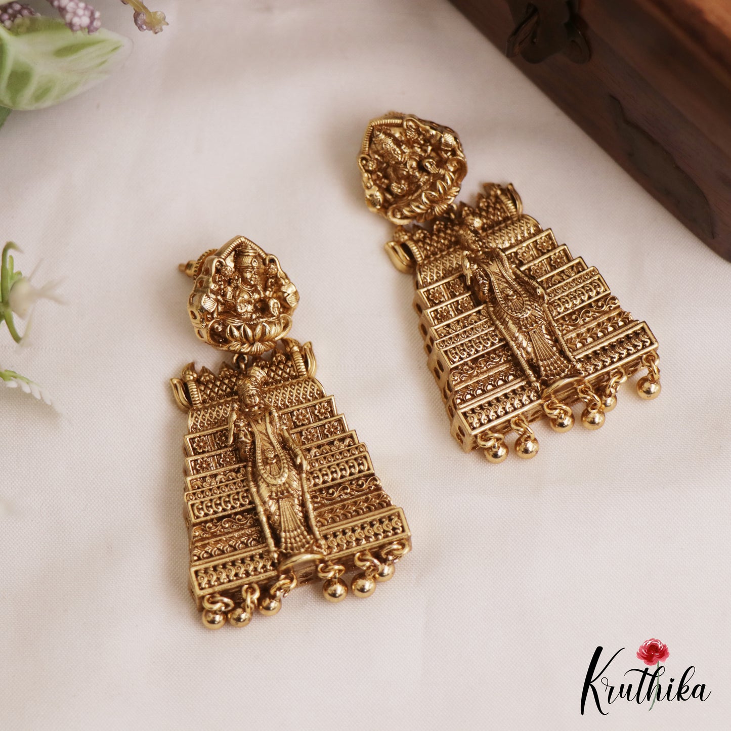 Gorgeous Goddess Meenakshi Gopuram Jhumkas With Bead Drops E1057 (Available in 2 Colors)