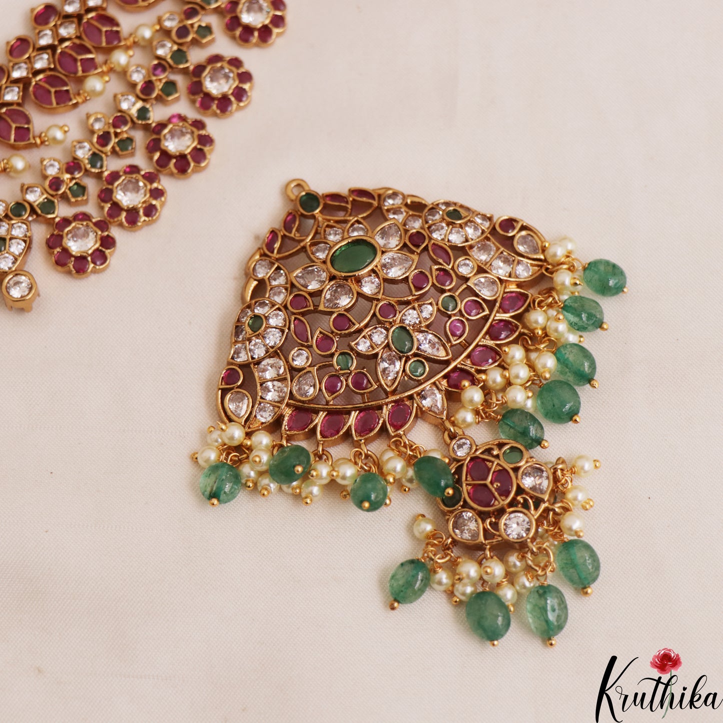 Premium Floral Peacock Motifs Jadau Necklace With Green Bead Drops NC2943 (Detachable Pendants)