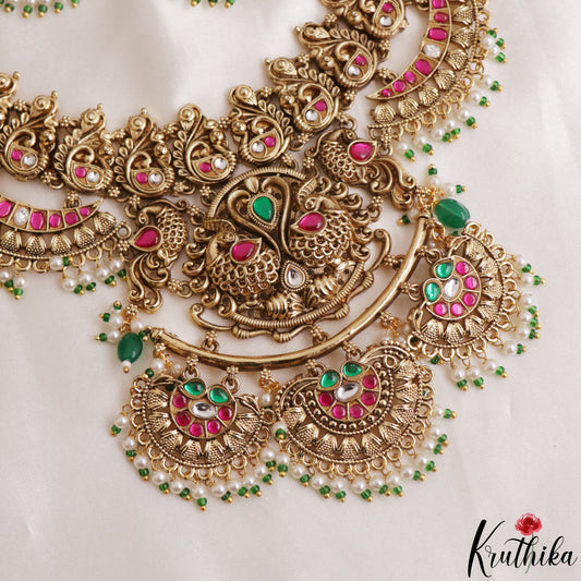 Stunning Antique Nagas Peacock Motifs Jadau Necklace With Pearl Drops NC3141